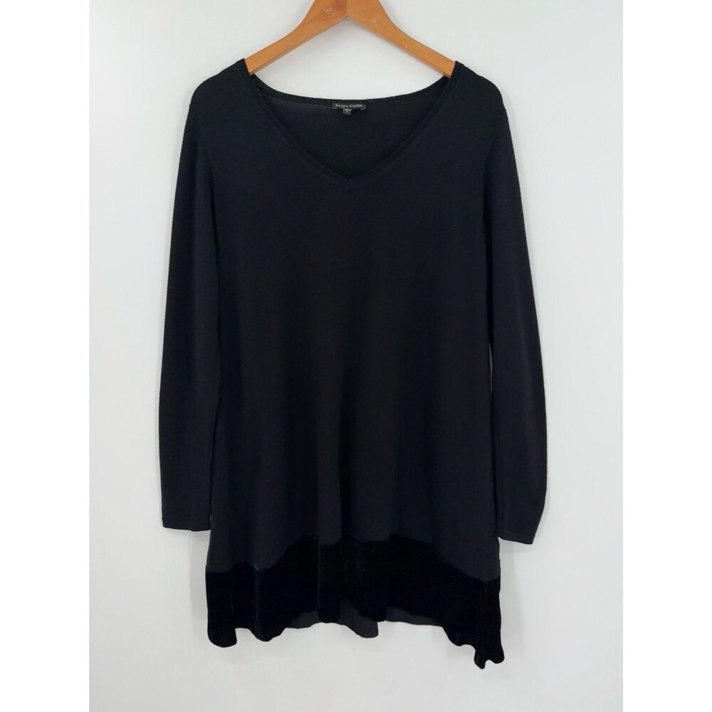 Eileen Fisher Merino Wool V-Neck Velvet Trim Sweater Dress | Black | Small